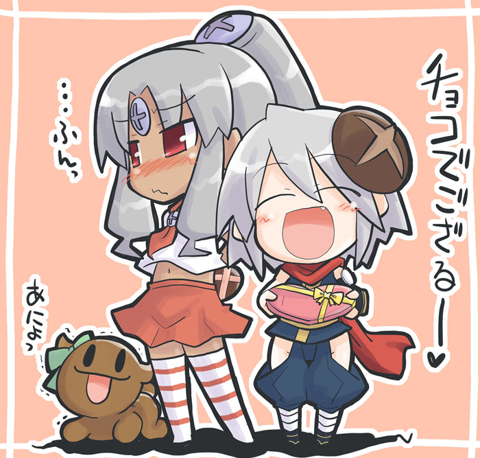 akaneya, visbou, vista-tan, vistake, os-tan, silver hair, blush, chibi, chocolate, midriff, red eyes, school uniform, serafuku, skirt, thighhighs, zettai ryouiki