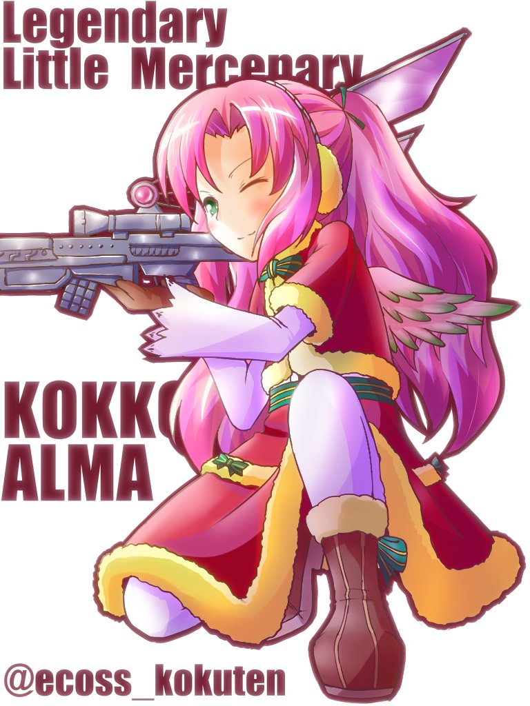 emil chronicle online, 1girl, belt, bird girl, boots, bow, brown boots, earmuffs, ecoss kokuten, fur jacket, fur skirt, green belt, green bow, green eyes, gun, holding, holding gun, holding weapon, jacket, kokko alma, long hair, looking through scope, on one knee, one eye closed, pantyhose, pink hair, ponytail, red jacket, red skirt, rifle, shirt, skirt, sniper rifle, solo, twitter username, weapon, white pantyhose, white shirt, white wings, wings