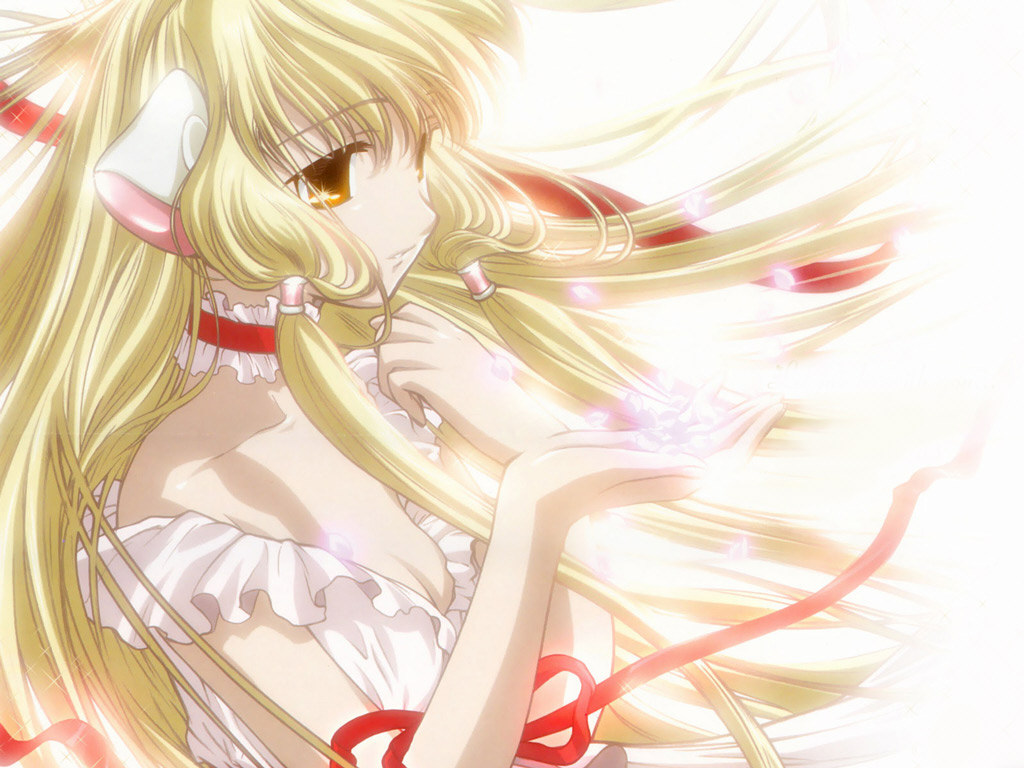maruru (marurupan), chii, chobits, bad id, bad pixiv id, md5 mismatch, 00s, 1girl, animal ears, bare shoulders, blonde hair, choker, collar, female focus, off shoulder, petals, ribbon, solo