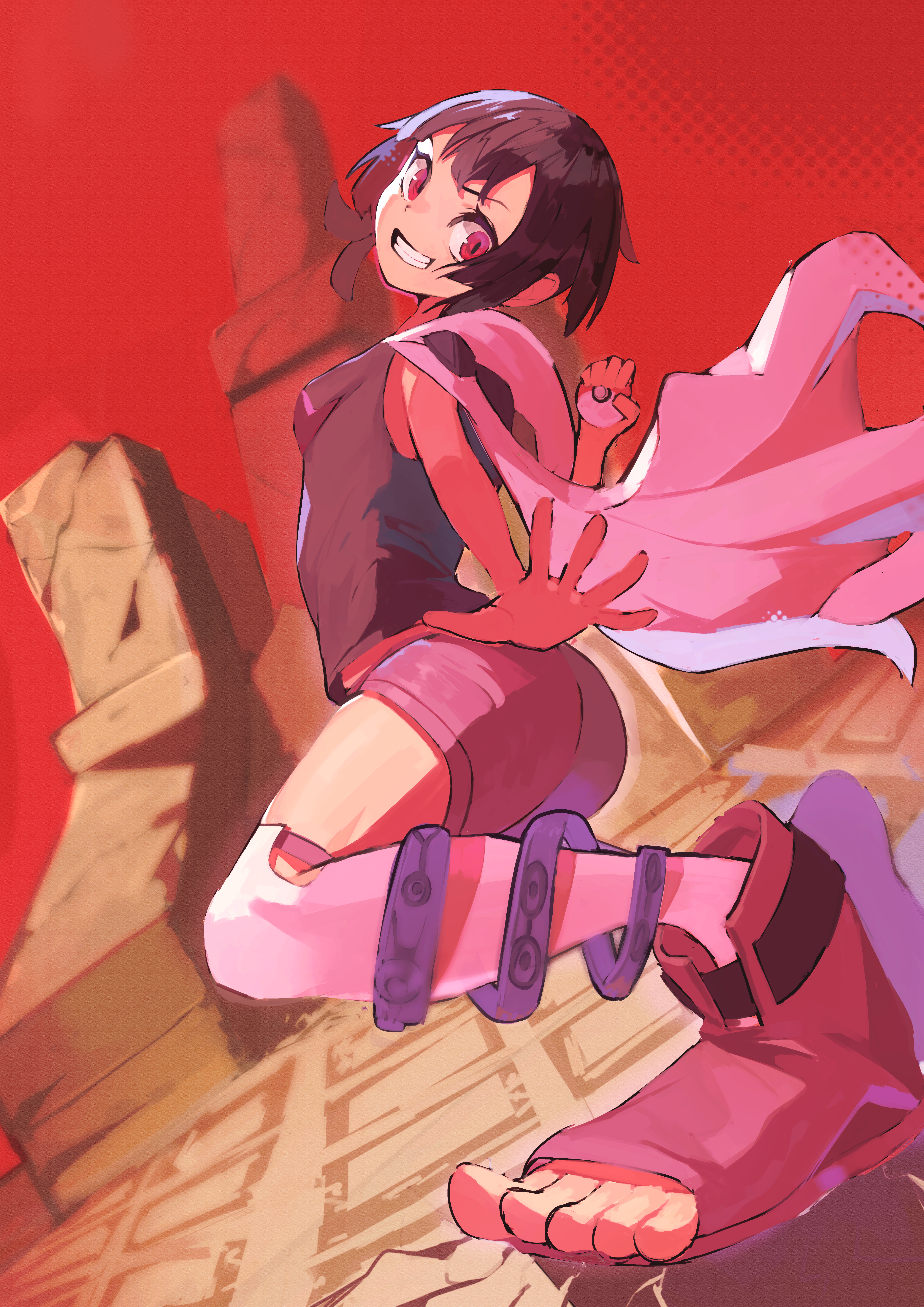 rasoso (wyzx4524), zinnia (pokemon), nintendo, pokemon, pokemon oras, absurdres, highres, 1girl, anklet, black hair, black shirt, boots, brown boots, cape, eyelashes, grin, holding, holding poke ball, jewelry, kneehighs, open-toe boots, poke ball, poke ball (basic), red eyes, ruins, shirt, shorts, sleeveless, sleeveless shirt, smile, socks, solo, teeth, toeless legwear, toes, white cape, white socks