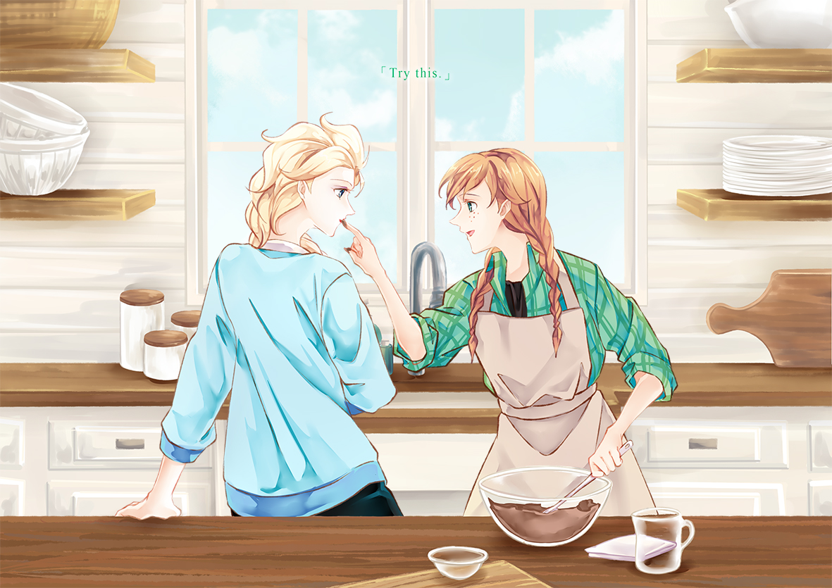 inu0831, anna (frozen), elsa (frozen), frozen (disney), braided twintails, commentary, english commentary, variant set, 2girls, apron, arm support, baking, blonde hair, blue sky, blue sweater, bowl, braid, brown apron, chocolate, chocolate on hand, day, english text, eye contact, faucet, food on hand, freckles, glass, glass bowl, green shirt, hair over shoulder, holding, holding utensil, indoors, jar, kitchen, long hair, long sleeves, looking at another, looking to the side, multiple girls, open mouth, orange hair, outstretched hand, plaid clothes, plaid shirt, plate, shirt, siblings, sisters, sky, smile, standing, sweater, tasting, three-quarter sleeves, turning head, twintails, utensil, window