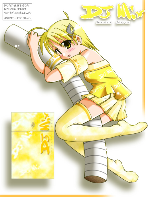 nagase takeshi, cigarette-tan, ahoge, blonde hair, blush, cigarette, food, fruit, lemon, personification, product girl, skirt, smoking, thighhighs, yellow eyes, zettai ryouiki
