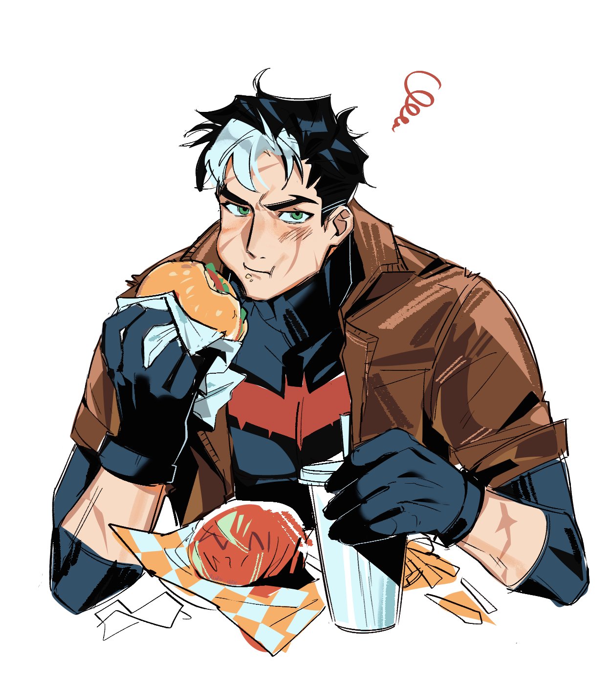 ruru hrk, jason todd, red hood (dc), batman (series), dc comics, highres, 1boy, bat signal, batman symbol, black bodysuit, black gloves, black hair, bodysuit, brown jacket, gloves, grey bodysuit, jacket, male focus, mask, multicolored hair, muscular, muscular male, open clothes, pants, red hood and the outlaws, short hair, superhero costume, taut bodysuit, two-tone bodysuit
