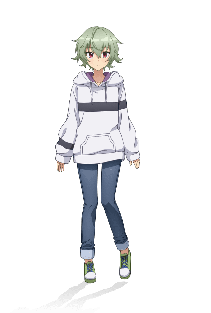 taniguchi motohiro, kano shiho, cue!, highres, official art, 1girl, anime coloring, blue pants, breasts, closed mouth, collarbone, crossed bangs, denim, flipped hair, full body, green hair, green shoes, hair between eyes, hood, hood down, hoodie, jeans, long sleeves, looking at viewer, open hands, pants, pants rolled up, shoes, simple background, small breasts, solo, standing, striped clothes, striped hoodie, tachi-e, transparent background, tsurime, two-tone hoodie, white hood, white hoodie