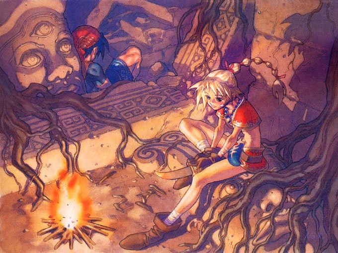 yuuki nobuteru, kid (chrono cross), serge (chrono cross), chrono (series), chrono cross, artist request, official art, 1990s (style), 1boy, 1girl, blonde hair, braid, fire, game console, high ponytail, jewelry, multi-tied hair, necklace, plant roots, playstation 1, ponytail, retro artstyle, ruins, scabbard, shadow, sheath, sitting, tree