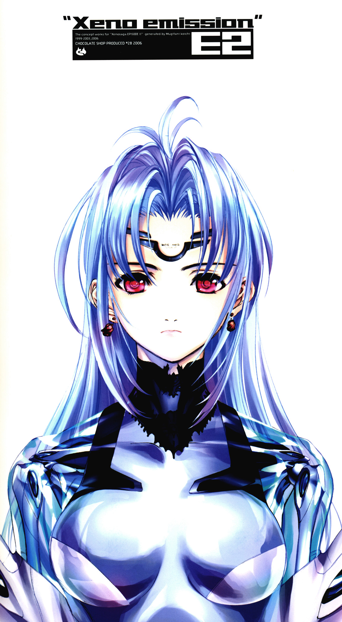 choco (chocolate shop), kos-mos, xenosaga, xenosaga episode ii, highres, 00s, 1girl, blue hair, breasts, earrings, female focus, jewelry, red eyes, see-through clothes, solo, translucent