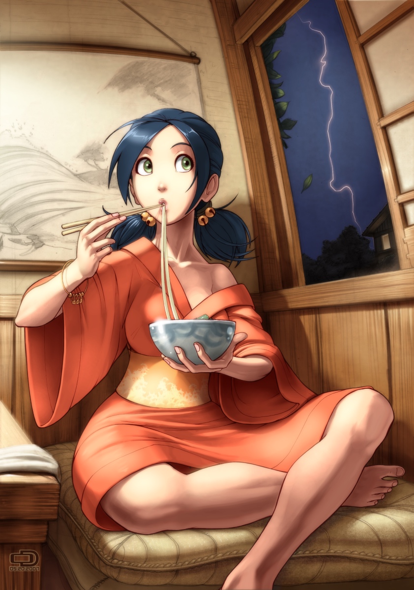 omar dogan, original, highres, 1girl, barefoot, blue hair, cup, eating, feet, female focus, food, green eyes, indoors, japanese clothes, kimono, lightning, noodles, ramen, solo, twintails, window