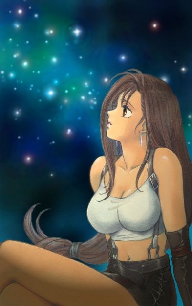 tifa lockhart, final fantasy, final fantasy vii, 1990s (style), 1girl, female focus, leather, leather skirt, long hair, low-tied long hair, miniskirt, pencil skirt, retro artstyle, skirt, solo, star (symbol), suspender skirt, suspenders