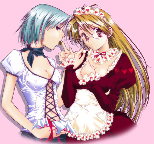 adrian andrews, franziska von karma, ace attorney, capcom, phoenix wright: ace attorney – justice for all, 2girls, alternate costume, apron, blonde hair, blue eyes, blue hair, breasts, casual, chocolate, cleavage, eating, glasses, long hair, maid, maid apron, maid headdress, multiple girls, navel, no bra, open mouth, profile, red eyes, short hair, yuri