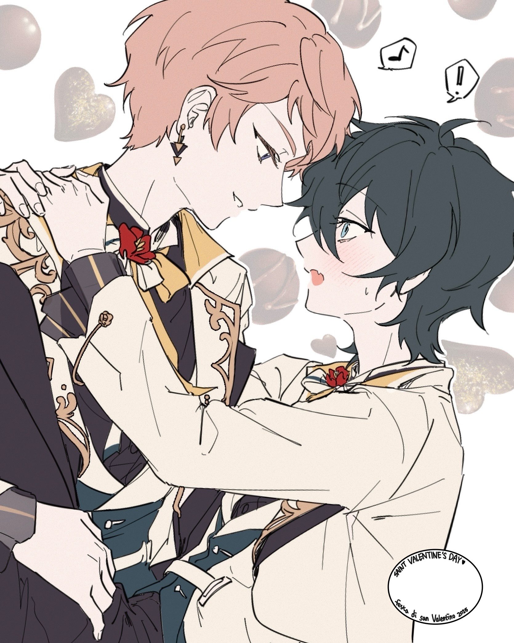 seogil, itsuki shu, kagehira mika, ensemble stars!, commentary, commentary request, highres, !, 2025, 2boys, blue eyes, blush, candy, chocolate, chocolate heart, earrings, eye contact, fingernails, food, heart, heart-shaped food, jewelry, lapels, looking at another, male focus, melting wishes (ensemble stars!), multiple boys, musical note, notched lapels, official alternate costume, open mouth, pink hair, purple eyes, short hair, smile, spoken exclamation mark, spoken musical note, valkyrie (ensemble stars!), yaoi