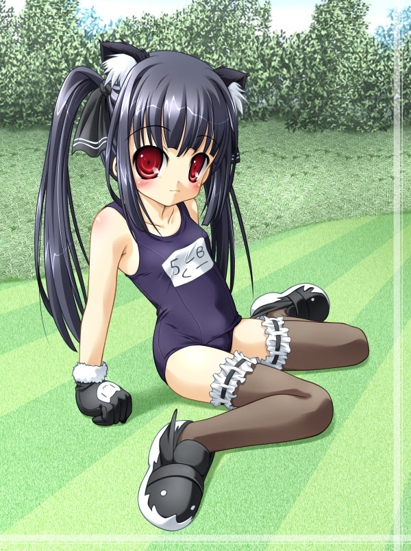 natsuhime yuran, kooh (pangya), pangya, 1girl, black hair, female focus, grass, loli, long hair, name tag, one-piece swimsuit, red eyes, school swimsuit, solo, swimsuit, thighhighs