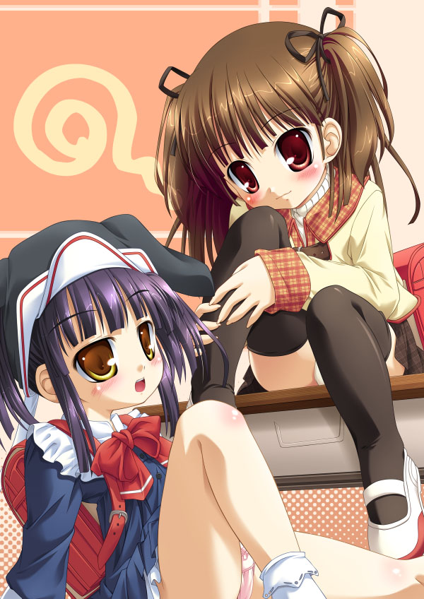 natsuhime yuran, copyright request, 2girls, bag, bow, bow panties, brown hair, hat, loli, multiple girls, panties, pantyshot, pink panties, school bag, school uniform, serafuku, short hair, socks, thighhighs, twintails, underwear, white panties