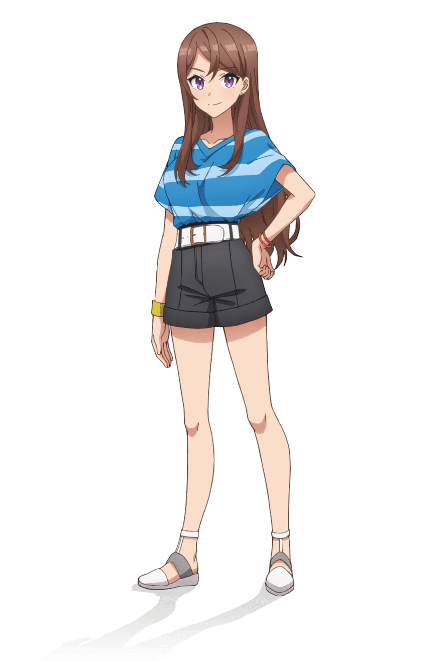 taniguchi motohiro, tsukii honoka, cue!, highres, official art, 1girl, anime coloring, belt, black shorts, blue shirt, blush, breasts, closed mouth, collarbone, full body, hand on own hip, large breasts, long hair, looking at viewer, open hand, parted bangs, purple eyes, sandals, shirt, short shorts, short sleeves, shorts, sidelocks, simple background, smile, solo, standing, striped clothes, striped shirt, tachi-e, thighs, transparent background, v-shaped eyebrows, very long hair, white belt, white sandals, wristband