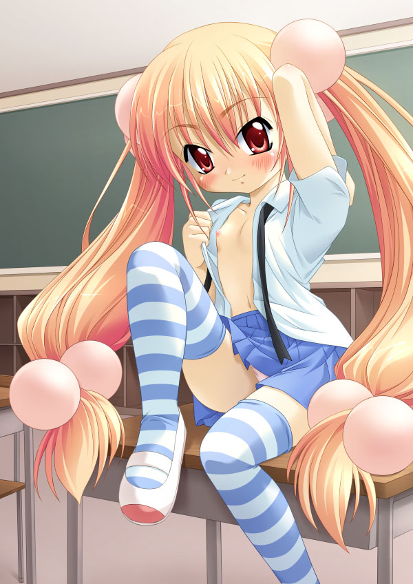 natsuhime yuran, kokonoe rin, kodomo no jikan, 00s, 1girl, breasts, female focus, flat chest, hair bobbles, hair ornament, loli, long hair, nipples, open clothes, open shirt, panties, pink panties, school uniform, serafuku, shirt, shoes, small breasts, solo, striped clothes, striped thighhighs, thighhighs, underwear, uwabaki, very long hair