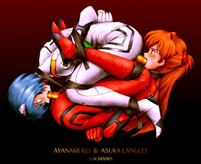 mania street, ayanami rei, souryuu asuka langley, neon genesis evangelion, 2girls, 69, arms behind back, bdsm, blue hair, bondage, bound, bound together, character name, dildo, folded, forced, gradient background, interface headset (evangelion), long hair, mecha pilot suit, multiple girls, pipelining, plugsuit (evangelion), red hair, rotational symmetry, sex toy, short hair, through clothes, top-down bottom-up, tube, yuri