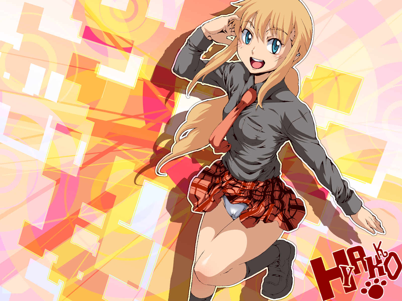 caryo, tabigarasu, kageyama torako, hyakko, highres, 00s, 1girl, black socks, blonde hair, blue eyes, copyright name, dress shirt, female focus, long hair, necktie, open mouth, panties, pantyshot, plaid clothes, plaid skirt, ponytail, school uniform, shirt, sidelocks, skirt, smile, socks, solo, underwear, upskirt
