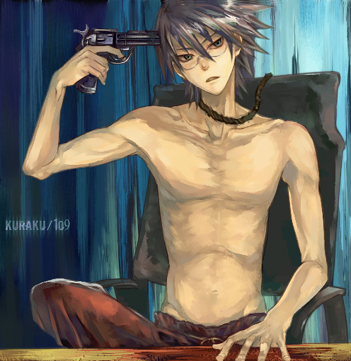 furayu (flayu), numeri (pixiv), itoshiki nozomu, sayonara zetsubou sensei, 00s, 1boy, cocked hammer, gun, gun to head, handgun, holding, holding gun, holding weapon, male focus, pistol, revolver, solo, suicide, topless male, weapon