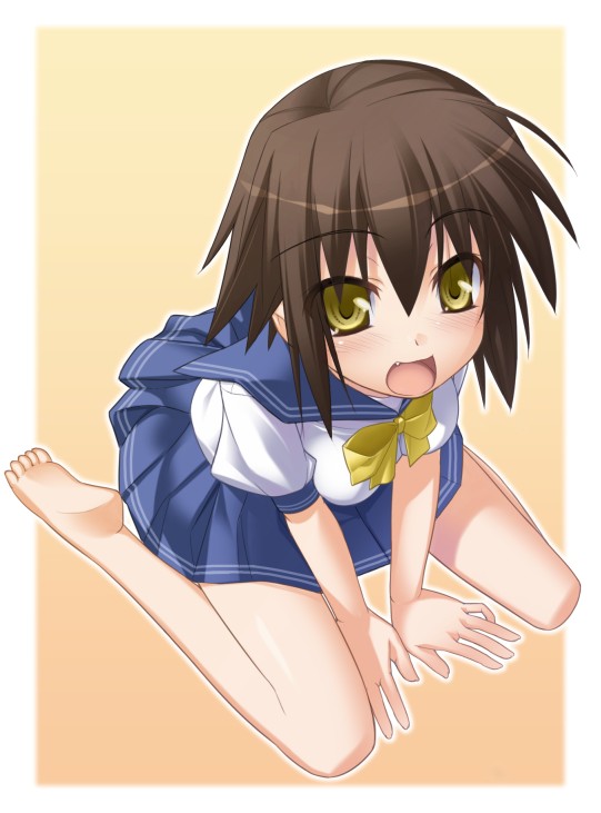 ninozen, kusakabe misao, lucky star, 00s, barefoot, feet, school uniform, serafuku, short hair, soles, solo, toes, yellow eyes