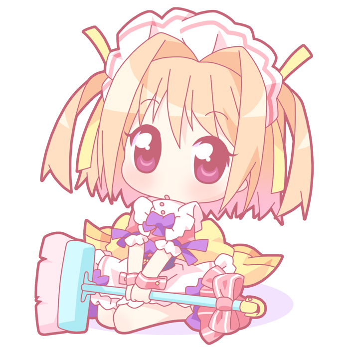 mirai (sugar), filia, prism ark, 00s, broom, chibi, pink eyes, ribbon, solo