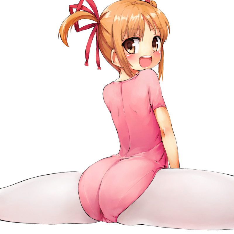 u (the unko), yuiki yaya, shugo chara!, 1girl, ass, blush, female focus, gymnastics, leotard, open mouth, pantyhose, pink leotard, ribbon, sitting split, smile, solo, split, white pantyhose
