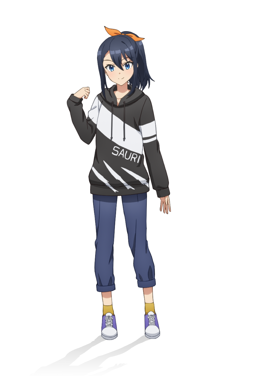 taniguchi motohiro, takatori maika, cue!, highres, official art, 1girl, anime coloring, black hair, black hood, black hoodie, blue eyes, blue pants, blush, closed mouth, english text, full body, hair between eyes, hair ribbon, hand up, hood, hood down, hoodie, long sleeves, looking at viewer, open hand, orange ribbon, pants, ponytail, purple shoes, ribbon, shoes, sidelocks, simple background, smile, socks, solo, standing, striped clothes, striped hoodie, tachi-e, transparent background, two-tone hoodie, yellow socks
