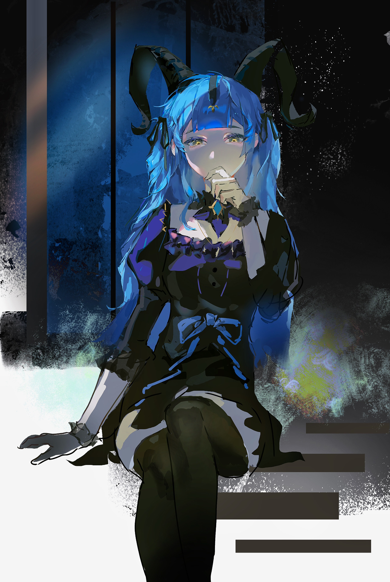togawa sakiko, arknights, bang dream!, bang dream! it's mygo!!!!!, chinese commentary, commentary request, highres, 1girl, black dress, black gloves, black horns, black ribbon, black thighhighs, blue hair, curled horns, detached collar, dress, feet out of frame, gloves, hair ribbon, hand up, horns, invisible chair, long hair, looking at viewer, nao que yang, ribbon, sidelocks, single glove, sitting, solo, thighhighs, togawa sakiko (master of melodia), wrist cuffs, yellow eyes