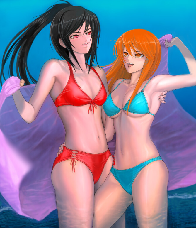 dj sakura, umegiri iroha, beatmania iidx, bemani, 2girls, bikini, black hair, multiple girls, red eyes, red hair, swimsuit, yuri