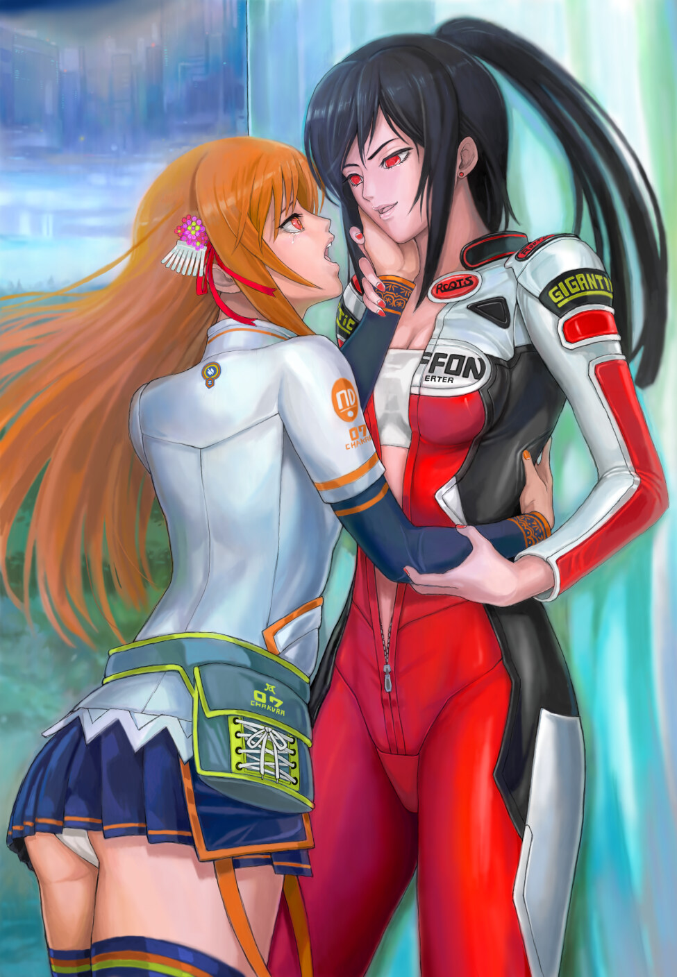 dj sakura, sakura (beatmania iidx), umegiri iroha, beatmania iidx, beatmania iidx 11 iidx red, beatmania iidx 9th style, bemani, highres, 2girls, biker clothes, bikesuit, black hair, bodysuit, cameltoe, multiple girls, panties, red eyes, red hair, skirt, thighhighs, underwear, yuri