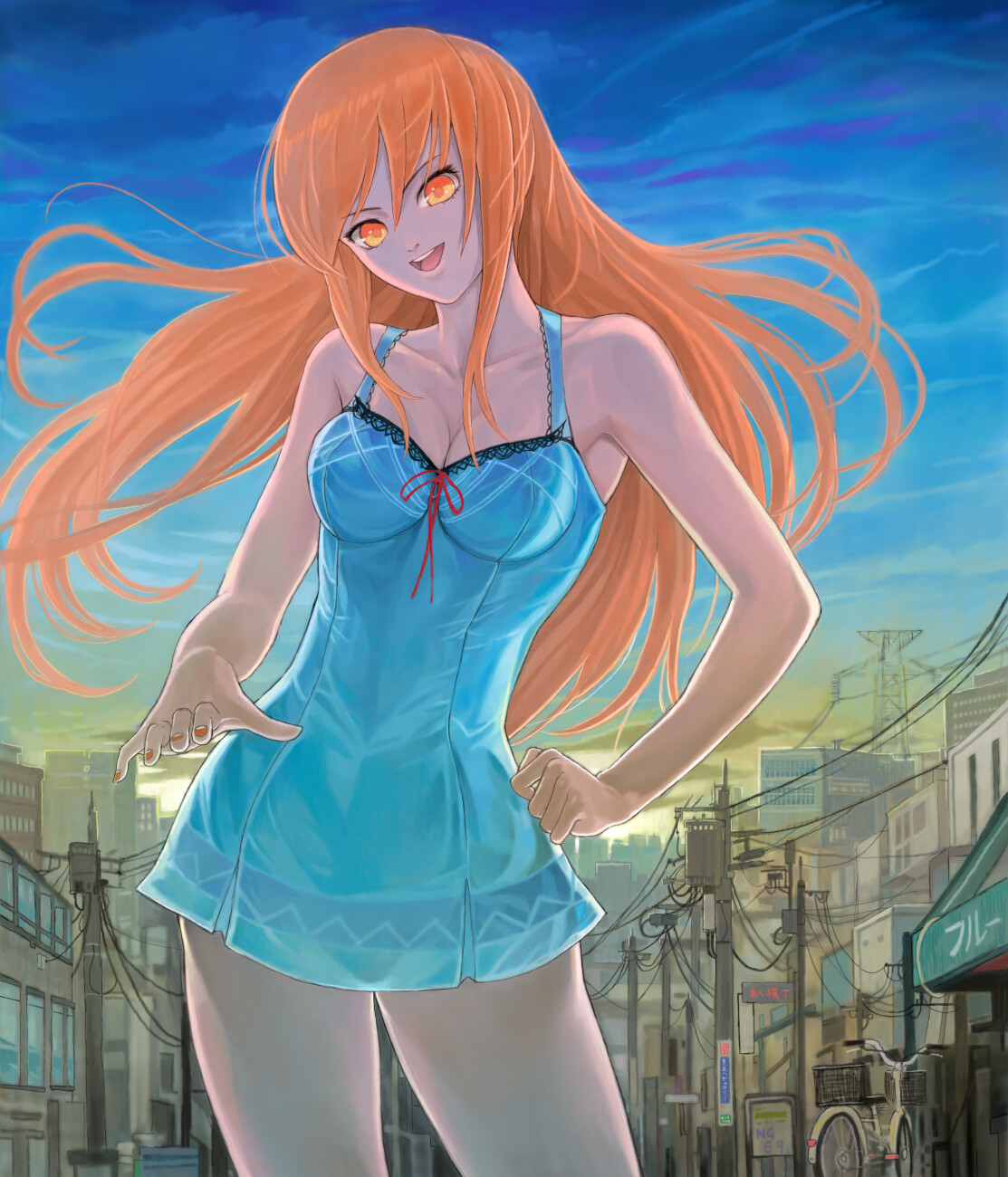 umegiri iroha, beatmania iidx, bemani, highres, 1girl, :d, armpits, backlighting, bare shoulders, bicycle, blue skirt, blue sky, bow, breasts, building, chemise, city, cleavage, collarbone, contrapposto, cowboy shot, dress, female focus, floating hair, hand on own hip, head tilt, lingerie, looking at viewer, medium breasts, nail polish, open mouth, orange eyes, orange hair, orange nails, outdoors, power lines, red bow, red hair, skirt, sky, smile, solo, standing, sunrise, thighhighs, thighs, town, transmission tower, underwear, utility pole