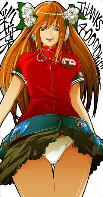 umegiri iroha, beatmania iidx, beatmania iidx 11 iidx red, bemani, from below, headphones, long hair, orange eyes, orange hair, panties, solo, underwear