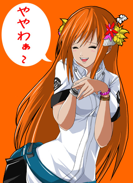 umegiri iroha, beatmania iidx, beatmania iidx 9th style, bemani, 1girl, :d, ^ ^, blush, closed eyes, emblem, female focus, flower, hair flower, hair ornament, laughing, long hair, open mouth, orange background, orange hair, orange theme, red hair, shirt, short sleeves, simple background, smile, solo, speech bubble, talking, text focus, white shirt