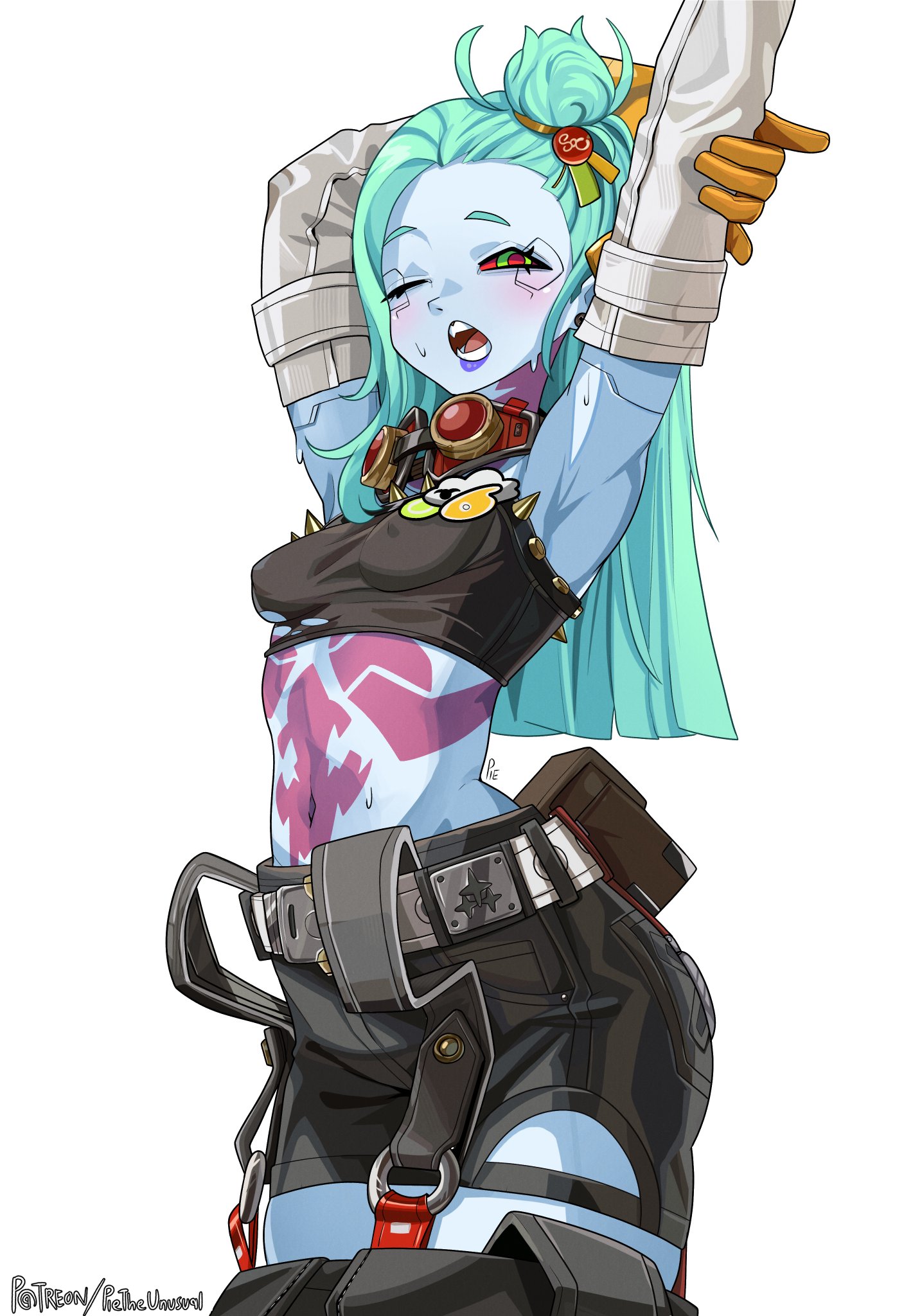 unusualpie, piper wheel, rebecca (cyberpunk), cyberpunk: edgerunners, cyberpunk (series), zenless zone zero, highres, 1girl, artificial eye, breasts, colored sclera, colored skin, cosplay, crossover, cyborg, green hair, long hair, looking at viewer, mechanical eye, neck tattoo, open mouth, pink tattoo, piper wheel (cosplay), red pupils, red sclera, small breasts, solo, stomach tattoo, tattoo, white skin