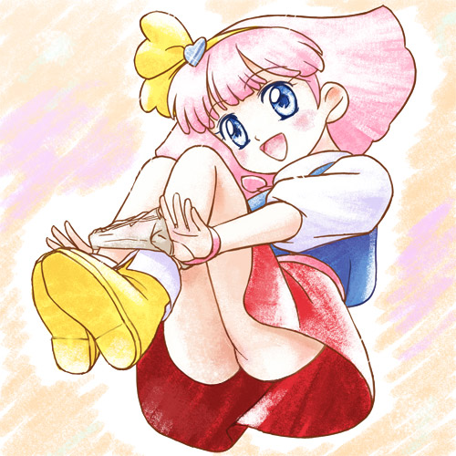 haruyama kazunori, minky momo, mahou no princess minky momo, lowres, 1girl, ass, boots, female focus, heart, loli, magical girl, panties, panty pull, pink hair, red skirt, skirt, solo, underwear, yellow boots