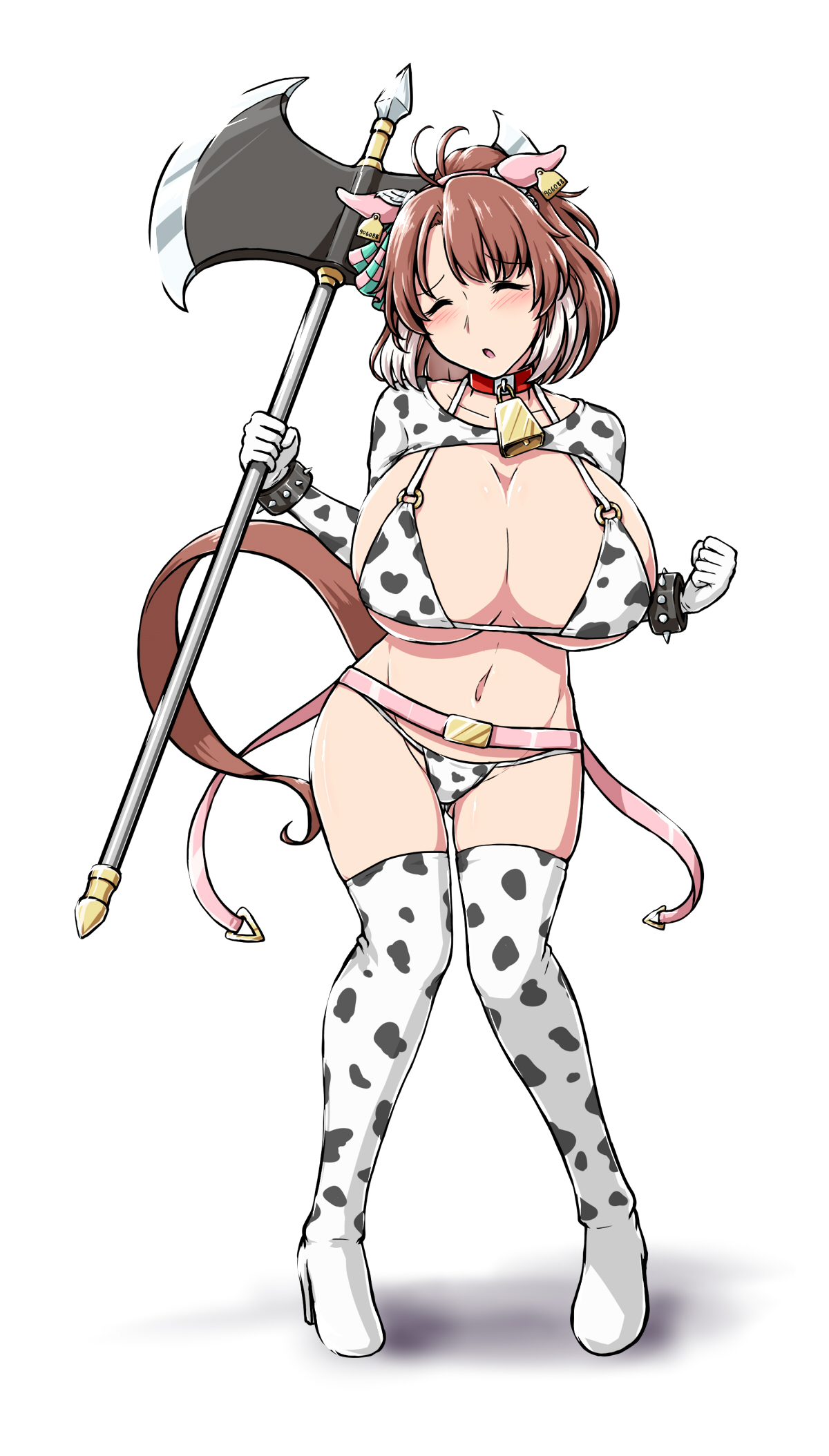 deno (denomina0), dantsu flame (umamusume), umamusume, commentary request, highres, 1girl, alternate costume, animal ears, animal print, axe, belt, bikini, boots, bow, breasts, brown hair, cow print, cow print bikini, cow print thighhighs, ear ribbon, ear tag, full body, holding, holding axe, holding weapon, horse ears, horse girl, horse tail, huge breasts, multicolored hair, pink belt, print bikini, print thighhighs, short hair, simple background, solo, standing, swimsuit, tail, thighhighs, two-tone hair, weapon, white background, white boots, white hair, white thighhighs
