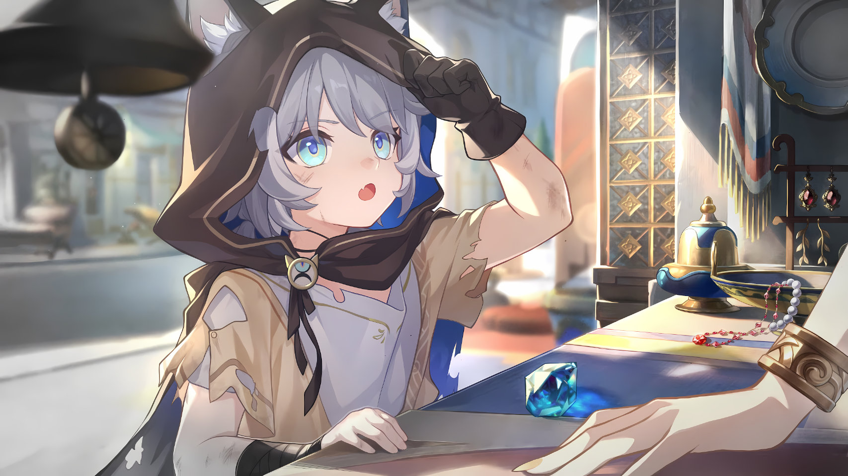 aglaea (honkai: star rail), cipher (honkai: star rail), cipher (in pursuit of the wind) (honkai: star rail), honkai: star rail, honkai (series), bad link, game cg, highres, official art, 2girls, :o, adjusting hood, aged down, ancient greek clothes, animal ear fluff, animal ears, bandaged arm, bandages, bell, black cloak, black gloves, blue cloak, blue gemstone, bracelet, cat ears, choker, cloak, fang, gem, gloves, greco-roman clothes, grey hair, hood, hood up, jewelry, looking at another, multiple girls, nail polish, necklace, open mouth, out of frame, outdoors, shirt, short hair, single glove, skin fang, table, torn cloak, torn clothes, two-sided fabric, white shirt, yellow nails