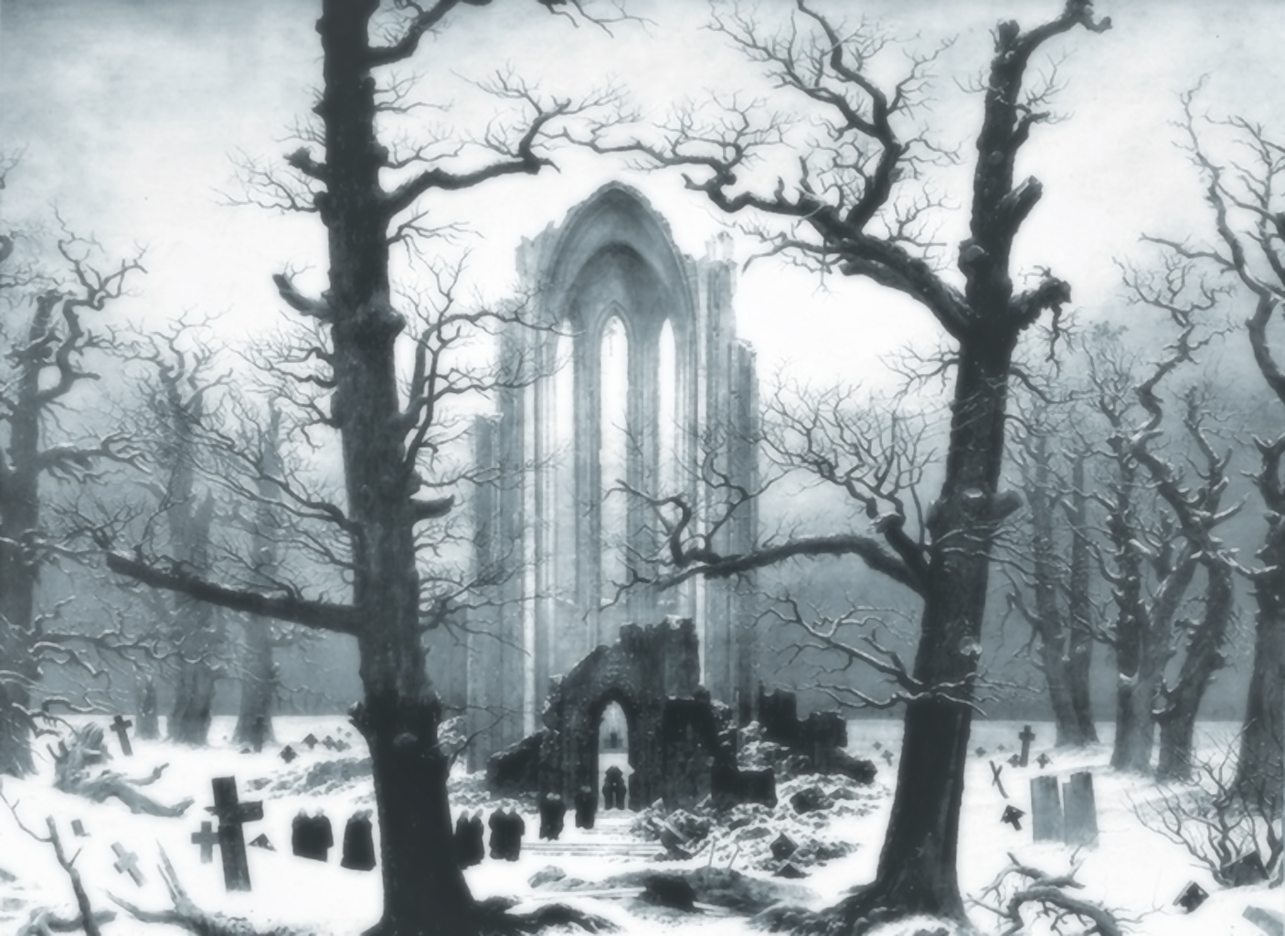 original, aqua theme, blue theme, graveyard, monk, monochrome, multiple boys, no humans, ruins, scenery, snow, tombstone, tree, winter