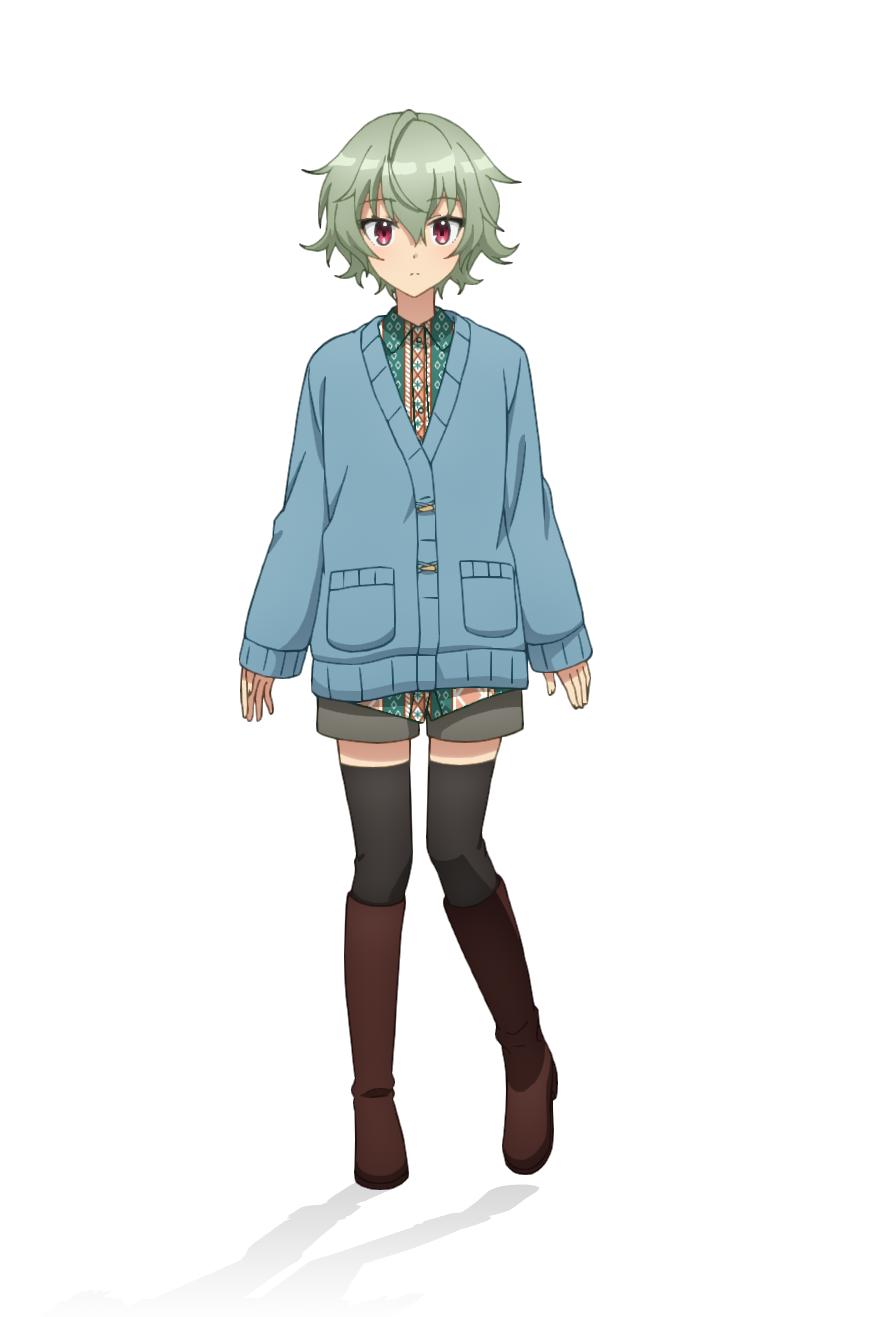 taniguchi motohiro, kano shiho, cue!, highres, official art, 1girl, anime coloring, black pantyhose, blue cardigan, boots, breasts, brown boots, cardigan, closed mouth, collared shirt, crossed bangs, flipped hair, floral print, full body, green hair, green shirt, grey shorts, hair between eyes, long sleeves, looking at viewer, open hands, pantyhose, shirt, short shorts, shorts, simple background, small breasts, solo, standing, striped clothes, striped shirt, tachi-e, transparent background, tsurime, two-tone shirt, untucked shirt, vertical-striped clothes, vertical-striped shirt