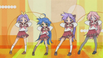 hiiragi kagami, hiiragi tsukasa, izumi konata, takara miyuki, lucky star, motteke! serafuku, animated, animated gif, anime screenshot, lowres, 00s, 4girls, dancing, multiple girls, pantyhose, school uniform, serafuku, siblings, sisters, standing, twins