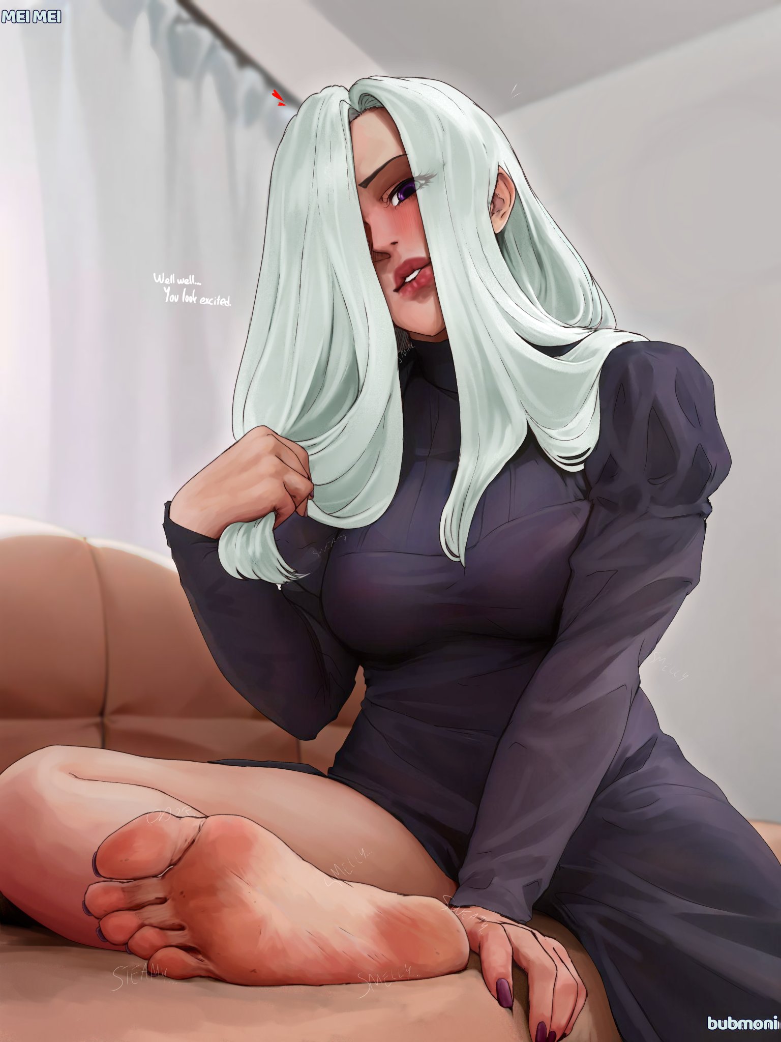 bubmoni, highres, 1girl, artist name, barefoot, black dress, breasts, couch, dirty, dirty feet, dress, english text, feet, foot focus, hair over one eye, indoors, long hair, looking at viewer, nail polish, purple eyes, purple nails, sitting, soles, solo, toes, white hair