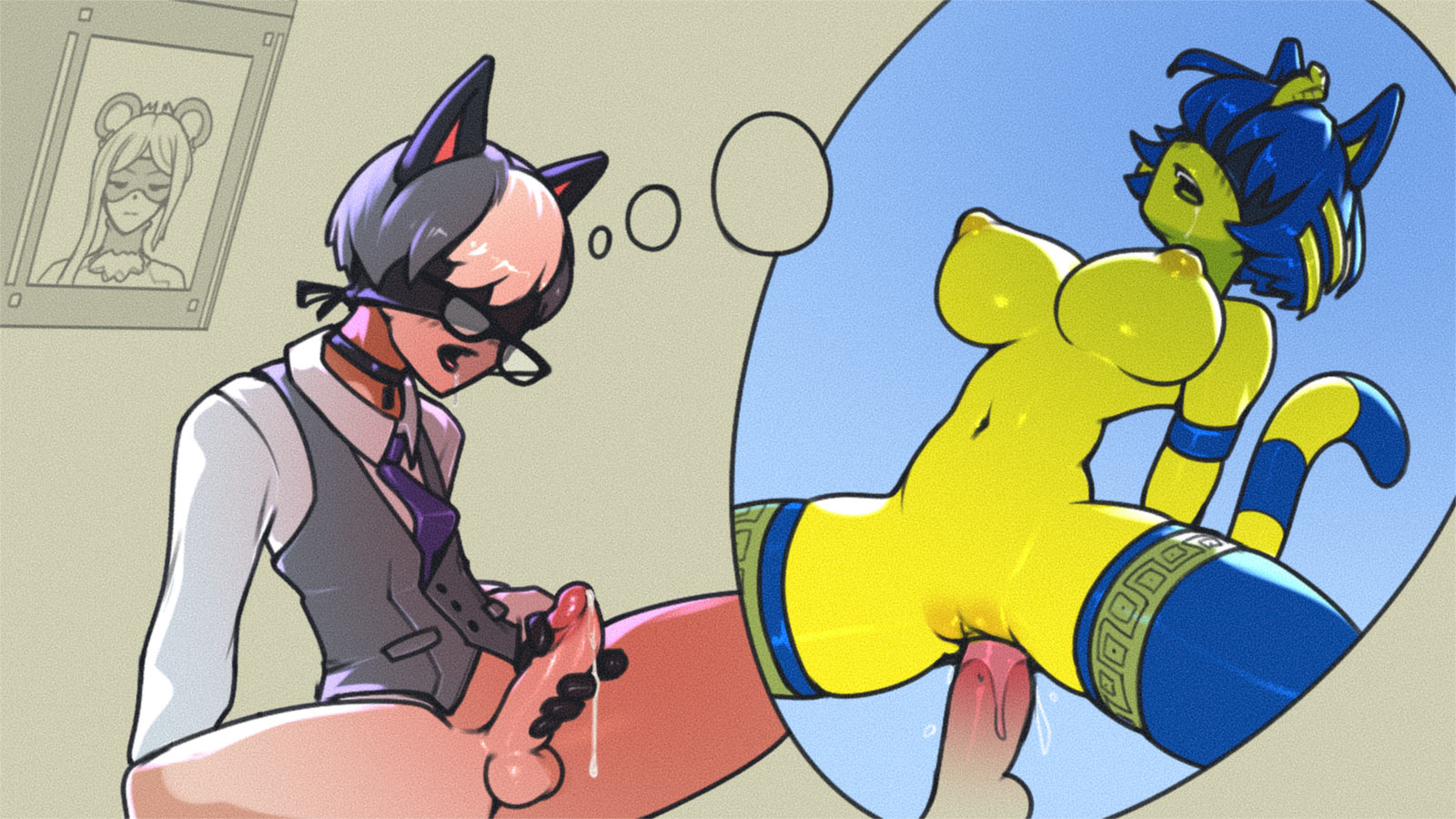 tailbox, raymond (animal crossing), animal crossing, nintendo, highres, animal ears, black choker, blindfold, blue hair, breasts, cat boy, cat ears, cat girl, cat tail, choker, colored skin, dress shirt, fantasy, glasses over blindfold, grey hair, grey vest, humanization, large breasts, masturbation, multicolored hair, nipples, sex, shirt, speech bubble, streaked hair, tail, thick thighs, thighhighs, thighs, thought bubble, vest, white hair, yellow skin