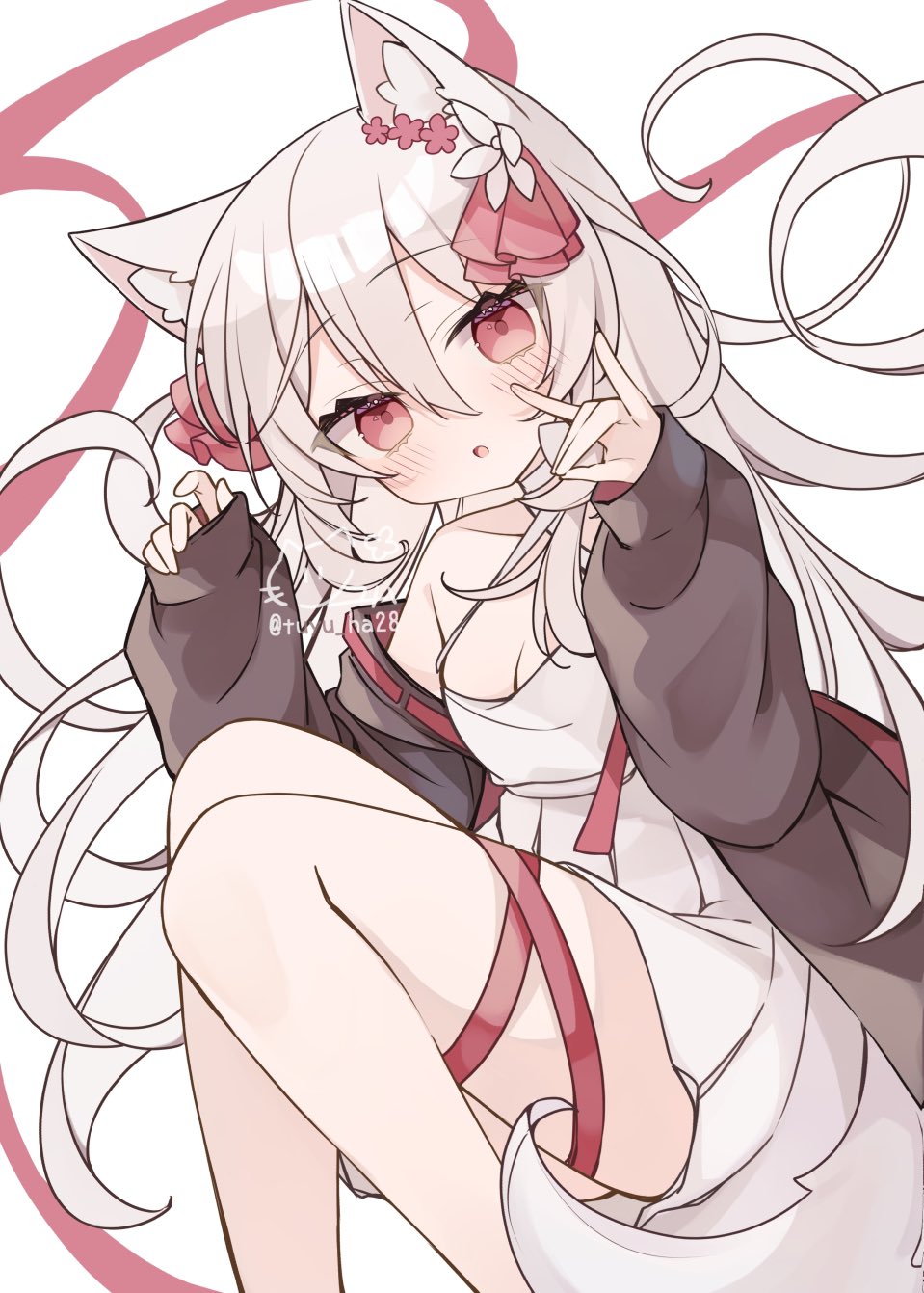 ringouulu, original, highres, 1girl, animal ears, black jacket, breasts, criss-cross halter, dress, fox ears, fox girl, fox shadow puppet, fox tail, halter dress, halterneck, jacket, leg ribbon, long hair, long sleeves, looking at viewer, off shoulder, open clothes, open jacket, parted lips, pink eyes, ribbon, short dress, sleeves past wrists, small breasts, tail, thigh ribbon, white dress, white hair