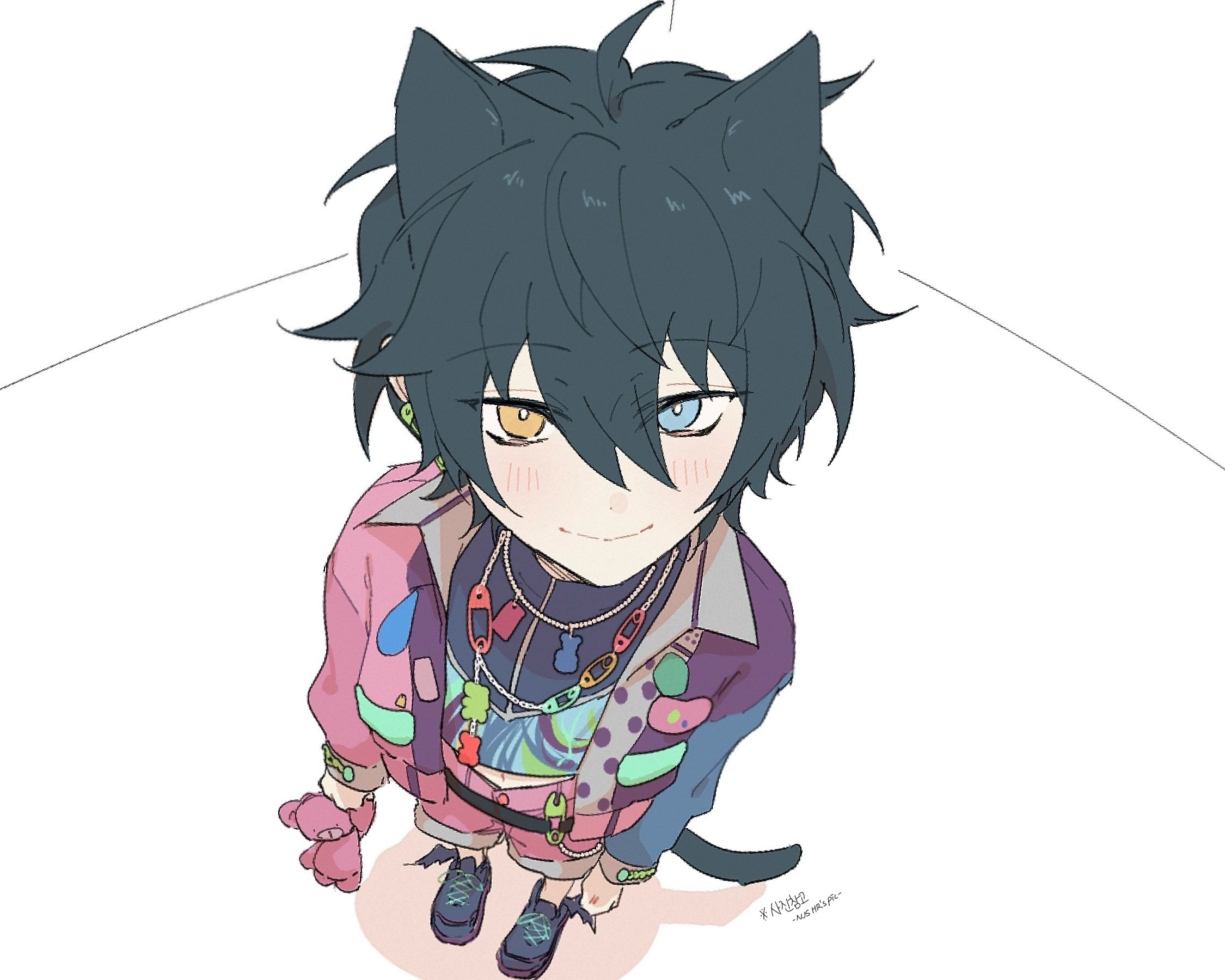 seogil, kagehira mika, ensemble stars!, highres, translation request, 1boy, animal ears, arms at sides, black shoes, blue eyes, bright pupils, cat boy, cat ears, cat tail, closed mouth, from above, green hair, hair between eyes, holding, holding stuffed toy, jewelry, kagehira mika (charm), korean text, long sleeves, looking at viewer, male focus, necklace, official alternate costume, safety pin, shoes, simple background, smile, solo, stuffed animal, stuffed toy, tail, teddy bear, white background, white pupils, yellow eyes