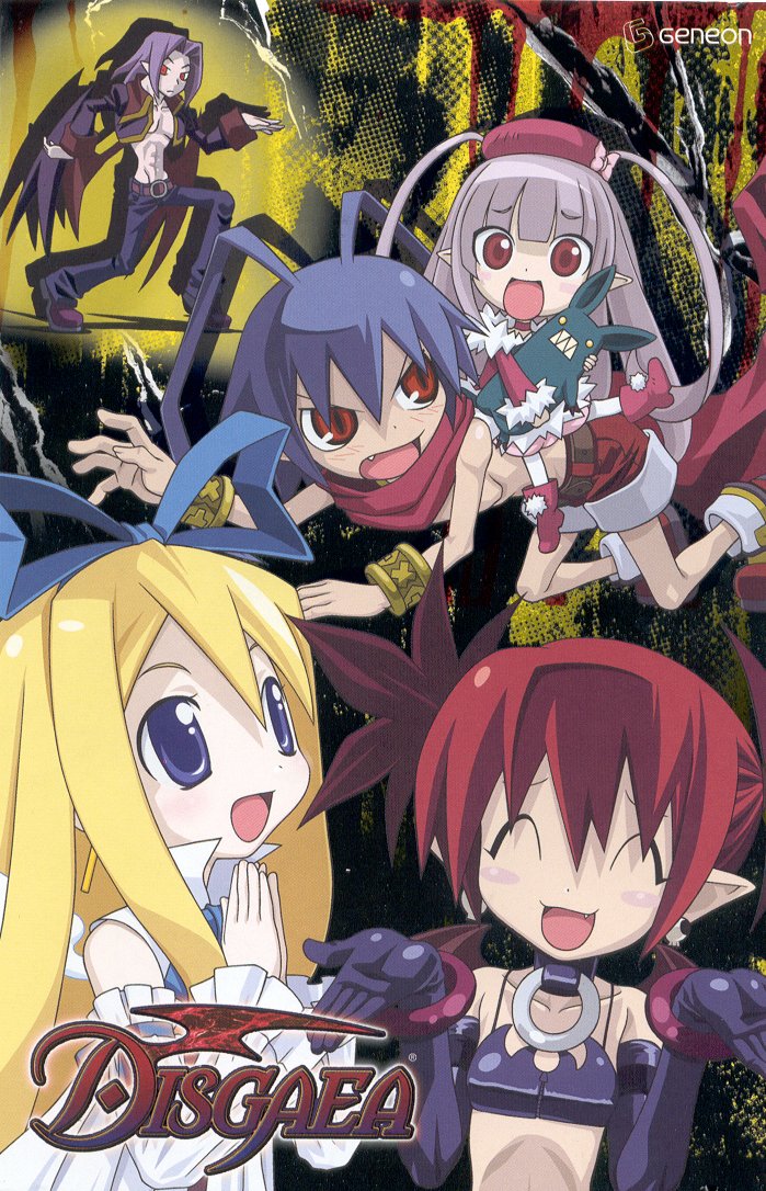 etna (disgaea), flonne, laharl, maharl, mid-boss, mid-boss (disgaea), disgaea, makai senki disgaea, nippon ichi, silver hair, non-web source, 00s, 2boys, 3girls, abs, angry, belt, bikini, bikini top only, blonde hair, blue eyes, blue hair, blush, boots, bracelet, closed eyes, collar, cover, detached sleeves, dvd cover, elbow gloves, fang, fangs, flat chest, gloves, hair ribbon, hat, jewelry, long hair, midriff, multiple boys, multiple girls, pointy ears, purple hair, red eyes, red hair, ribbon, short hair, short twintails, shorts, stuffed animal, stuffed toy, swimsuit, tail, twintails, wings