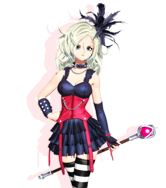 name, name (nahopa!), setia, dragon quest, dragon quest swords, 1girl, 3d, corset, feather hair ornament, feathers, female focus, hair ornament, solo, striped clothes, striped thighhighs, thighhighs, wand, white hair