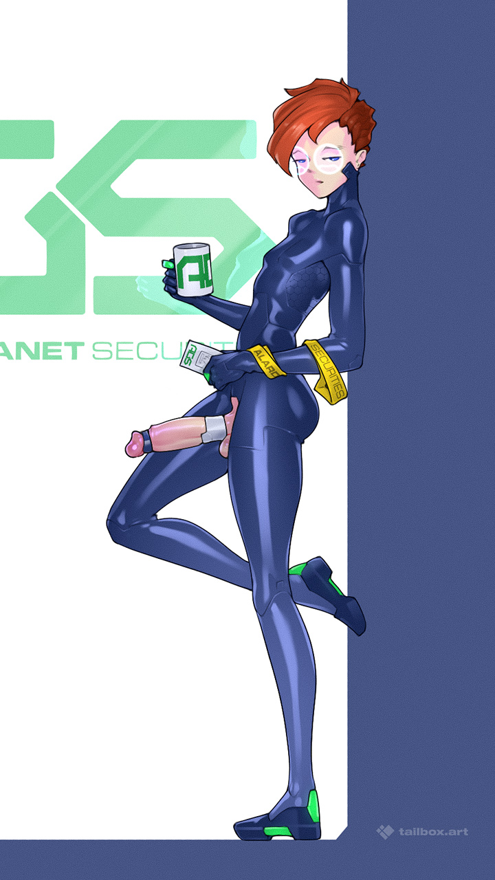 tailbox, original, commission, highres, 1boy, blue bodysuit, blue eyes, bodysuit, cock ring, erection, holographic monitor, leaning, male focus, orange hair, penis, round eyewear, sex toy, short hair, solo, standing, standing on one leg, trap
