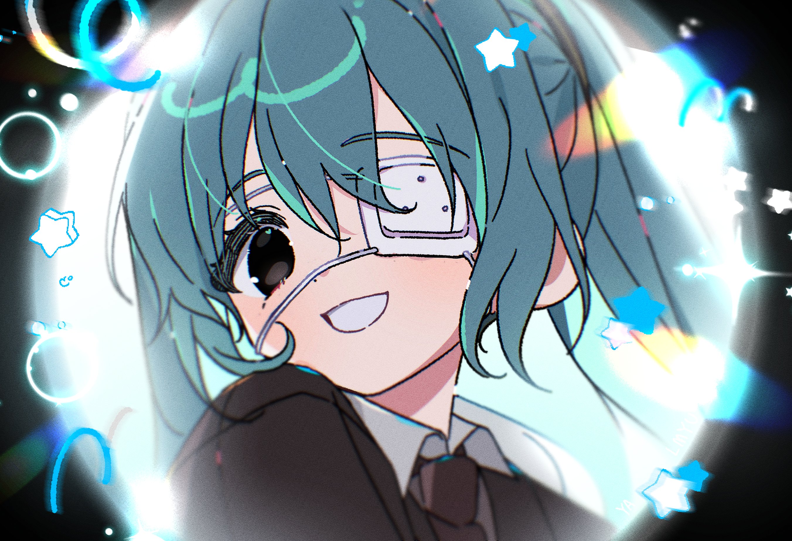 yalmyu, hatsune miku, monitoring (vocaloid), vocaloid, hashtag-only commentary, highres, revision, 1girl, :d, blue hair, blush, brown eyes, brown jacket, brown necktie, eyepatch, grin, jacket, long hair, looking at viewer, necktie, open mouth, portrait, smile, solo, twintails, wing collar