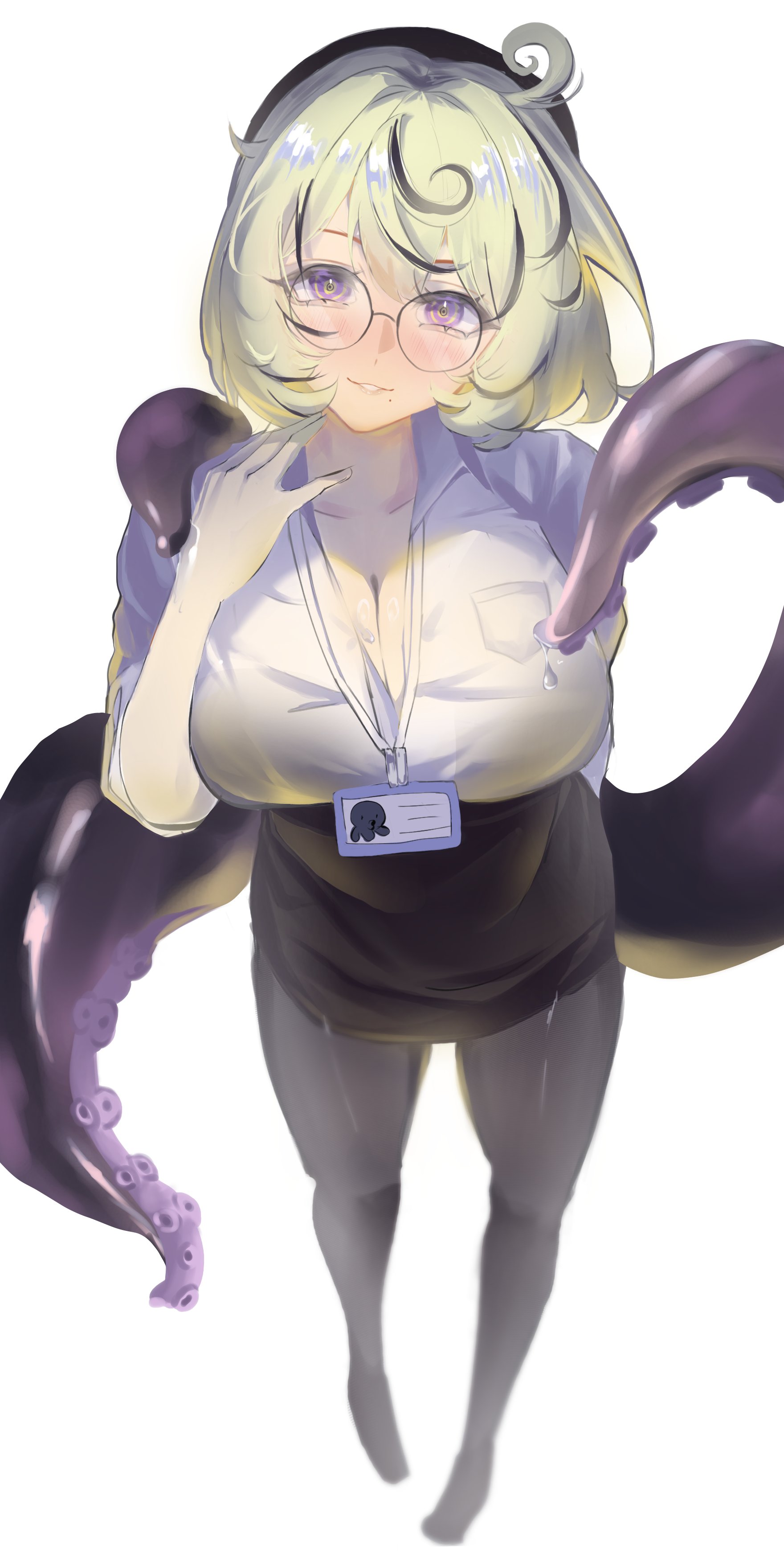 yidhari (zenless zone zero), zenless zone zero, absurdres, commentary, english commentary, highres, 1girl, @ @, alternate costume, blush, breasts, collared shirt, kai798, large breasts, looking at viewer, mole, mole under eye, monster girl, multicolored eyes, multicolored hair, octopus, pantyhose, ringed eyes, round eyewear, shirt, simple background, smile, solo, streaked hair, suction cups, tentacles, white background, white shirt