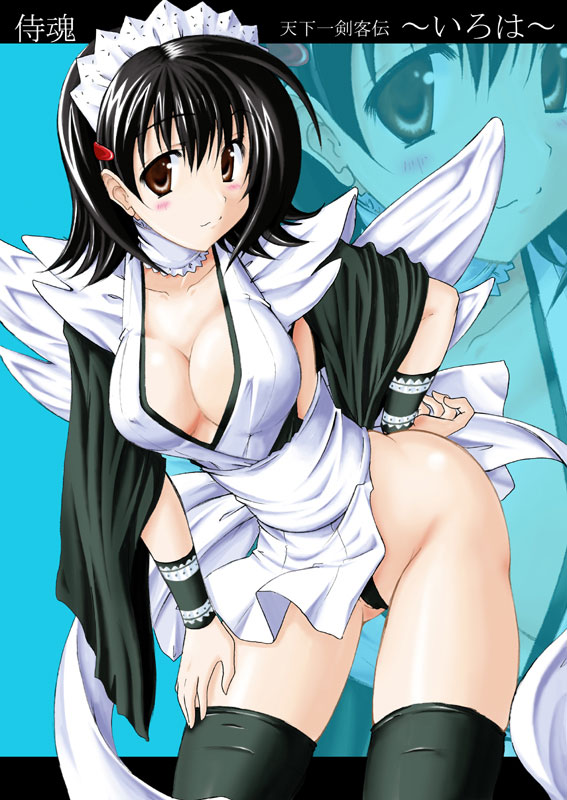 iroha (samurai spirits), samurai spirits, snk, 1girl, black hair, breasts, brown eyes, female focus, flipped hair, japanese clothes, large breasts, maid, solo, thighhighs, zoom layer