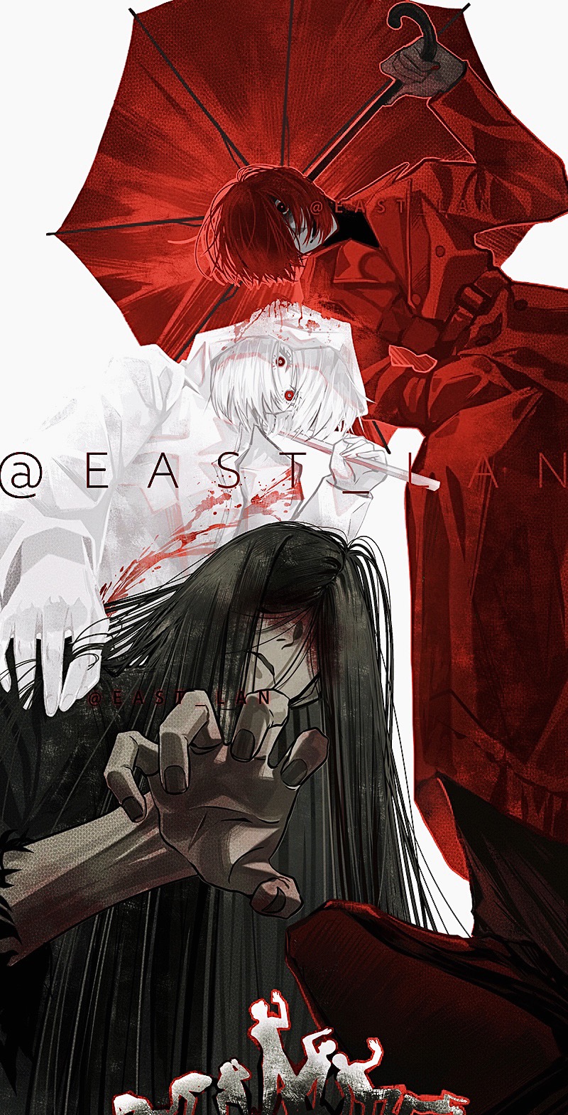 adashino adami, mr. crawling, mr. scarletella, homicipher, chinese commentary, commentary request, highres, 1girl, 2boys, black hair, black kimono, blood, blood on clothes, blood on face, coat, crowbar, east-lan, from below, holding, holding crowbar, holding umbrella, hood, hood up, japanese clothes, kimono, long hair, looking at viewer, multiple boys, raincoat, red coat, red eyes, red hair, red pupils, red umbrella, short hair, simple background, umbrella, very long hair, white background, white hair, white raincoat