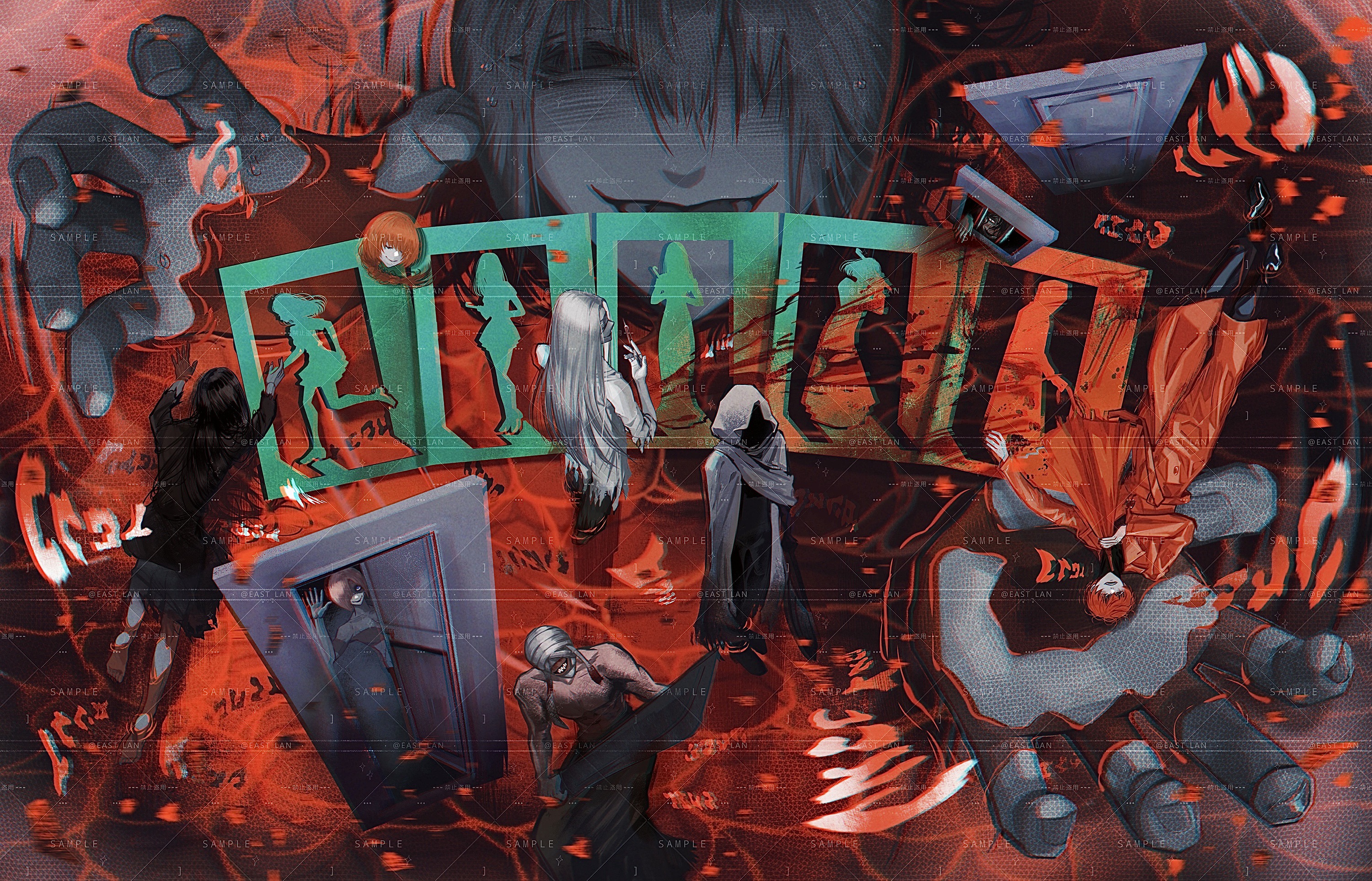 adashino adami, mr. chopped, mr. crawling, mr. gap, mr. hood, mr. machete, mr. scarletella, mr. silvair, mr. stitch, homicipher, chinese commentary, commentary request, highres, 1girl, 6+boys, cloak, colored skin, door, east-lan, everyone, giant, grey hair, grey skin, hair over one eye, hollow eyes, homicipher text, hood, hooded cloak, mr. hugeface, multiple boys, partially submerged, red water, short hair
